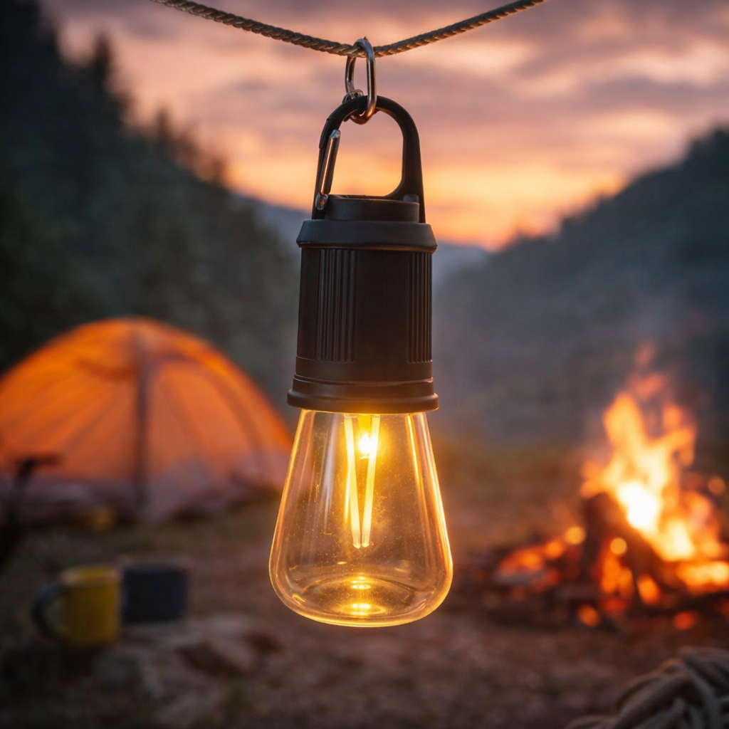 Portable Hanging Camping Lamp – Type-C Rechargeable Warm Light LED Bulb with 3 Modes
